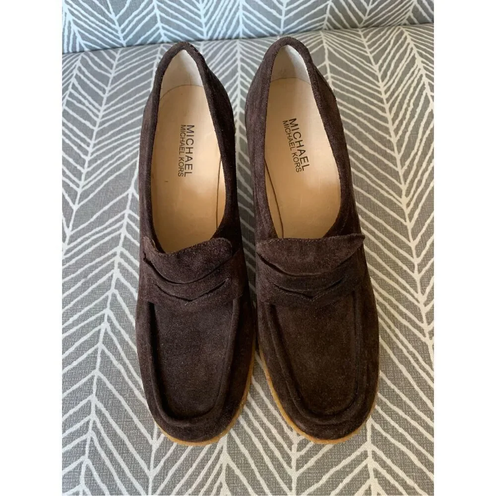 Michael Kors Rory Brown Suede Grass hopper Loafer Wedge Pumps Shoes ss 7.5 WORN